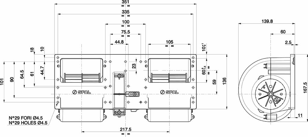 SPAL Dubbele Radiaalventilator 12V, 1 Snelheid | 006-A54 2C-22